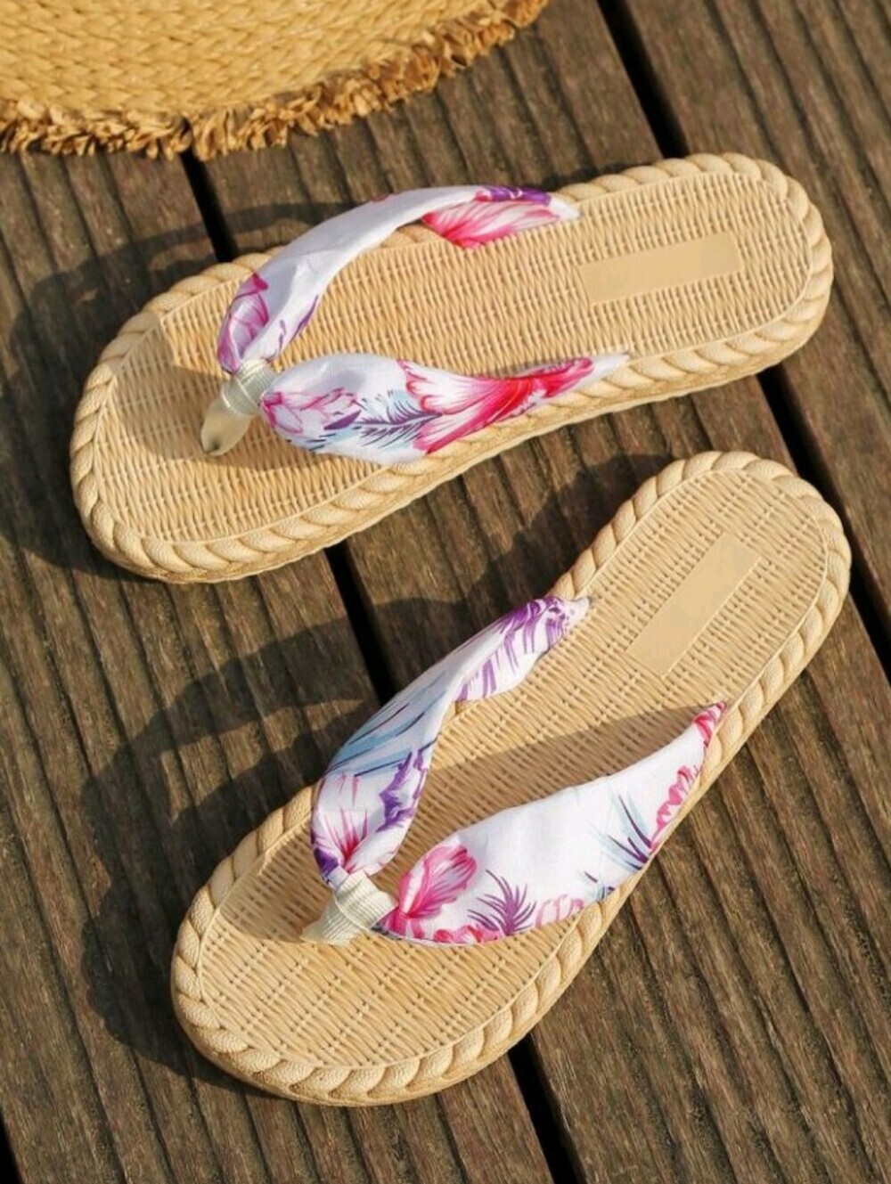 Tan Pink Purple Floral Flip Flop Slippers EVA Rubber Waterproof Beach Size 8